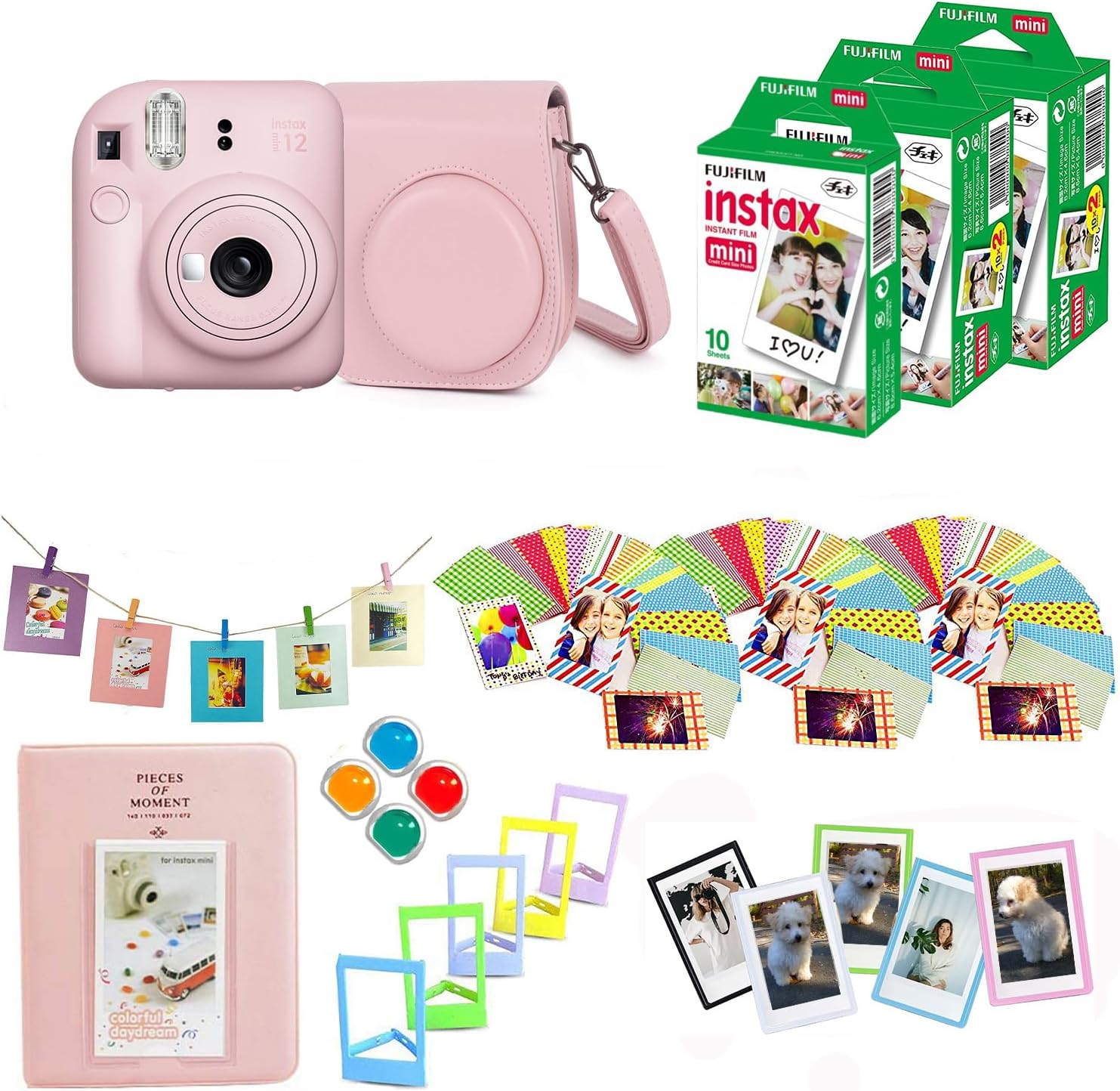 Fujifilm Instax Mini 12 Instant Camera + Pro Design Accessory Bundle with Protective Case, Magnetic Frames, Album, Frames Design Kit (50 Sheets) (Pink)