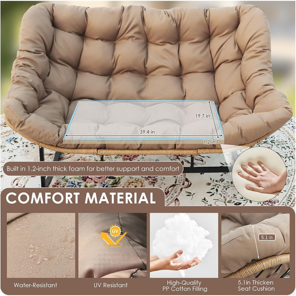 RADIATA Double Papasan Chair Outdoor with Cushion & Ottoman, 2 Person Oversized Rocking Lounge Chairs for Reading, PE Wicker, 700 lbs Heavy Duty, Comfy Loveseat Recliner for Patio Backyard Lawn Brown