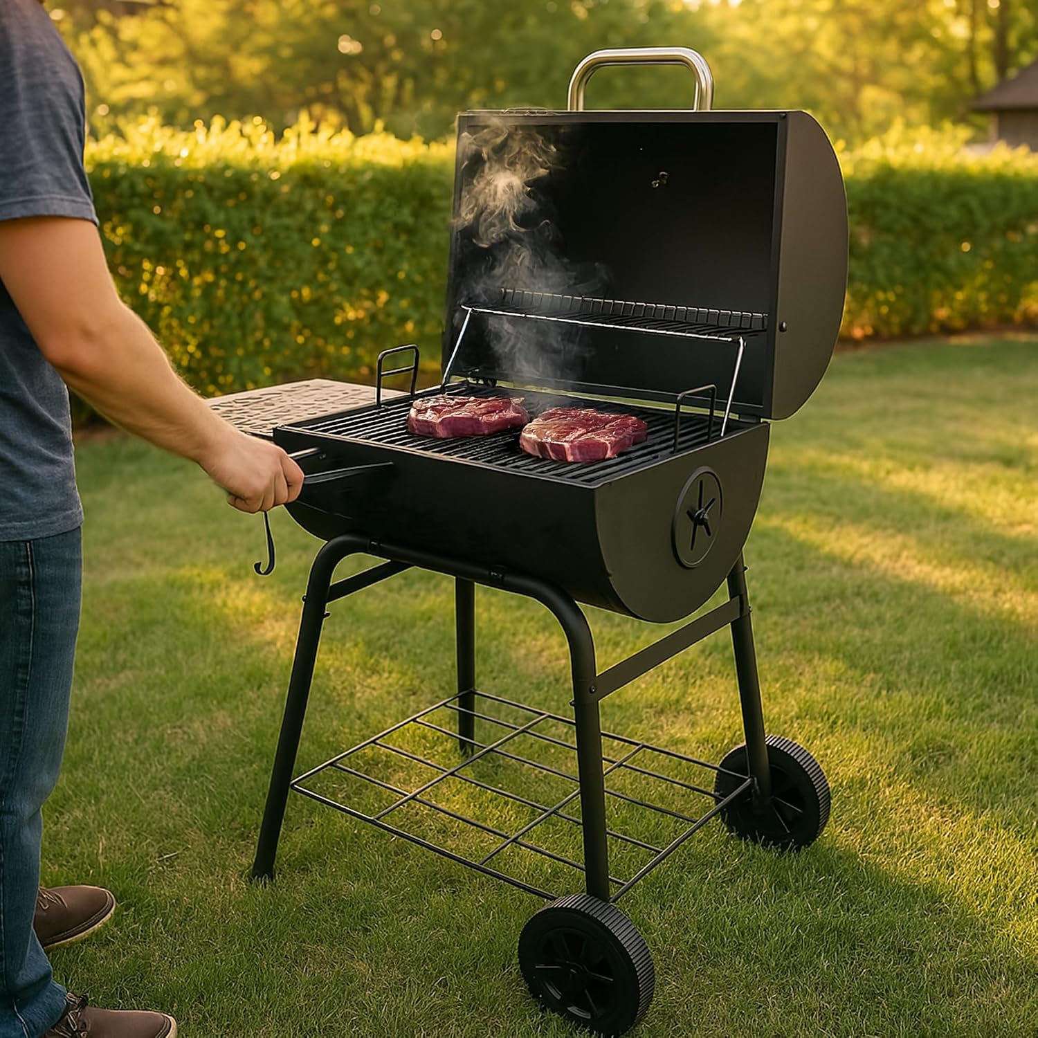 Grill Boss 30 Inch Barrel Charcoal Grill with Adjustable Grate, Large Cooking Area, Built In Temperature Gauge, and Durable Cast Iron Grates, Black