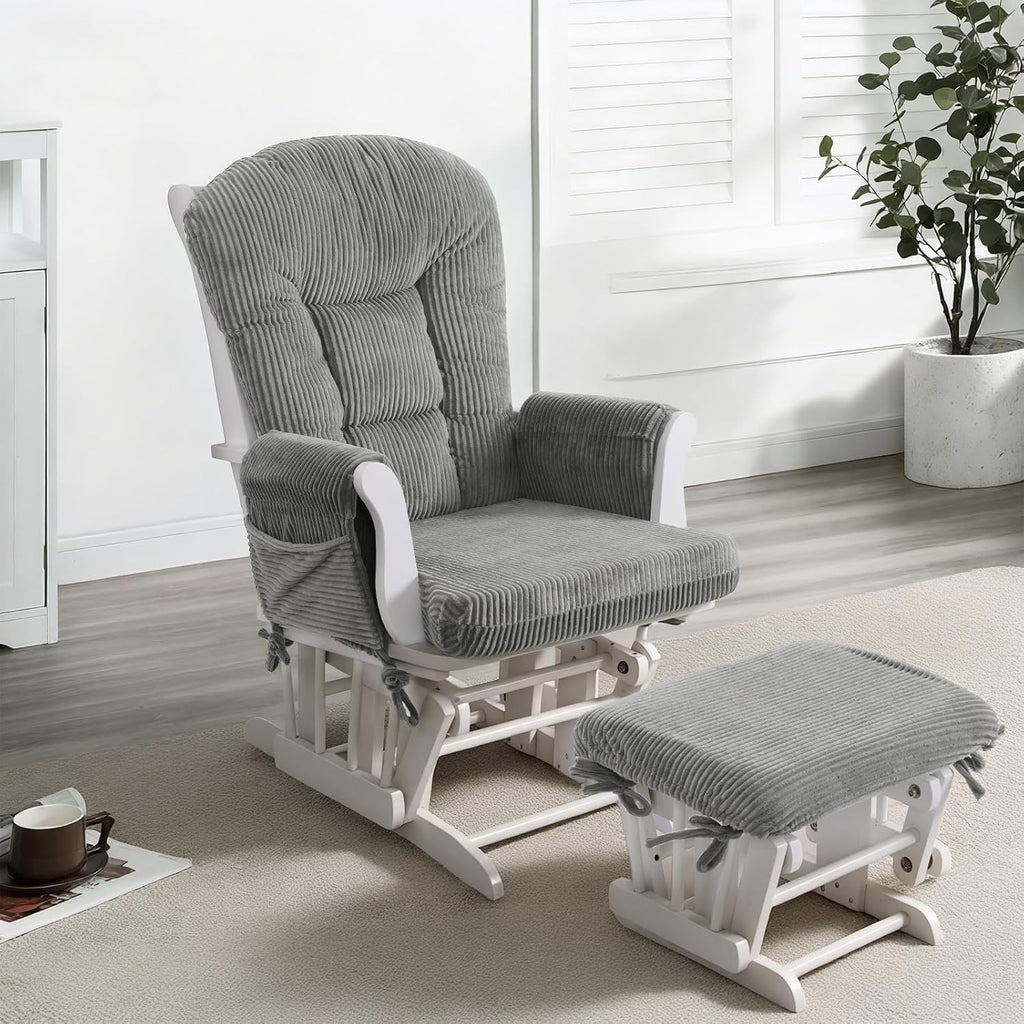 ANMINY 5pcs Glider Rocker Replacement Cushions Set - Thickened Fleece Glider Rocking Chair Cushions with 29.5 inch High Backrest & Side Pockets for Indoor Nursery, Washable & Non Slip, Gray