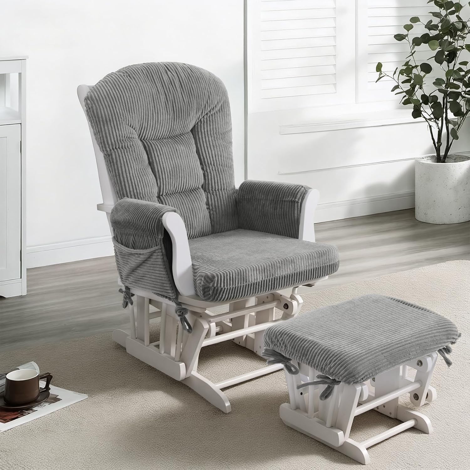 ANMINY 5pcs Glider Rocker Replacement Cushions Set - Thickened Fleece Glider Rocking Chair Cushions with 29.5 inch High Backrest & Side Pockets for Indoor Nursery, Washable & Non Slip, Gray