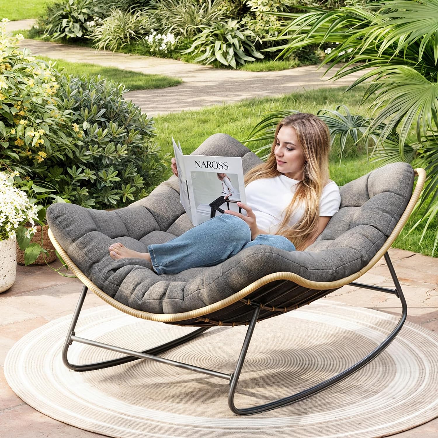 UDPATIO Outdoor Papasan Rocking Chair, Wicker Papasan Lounge Chair with 5.1' Thickened Water-Resistant Cushion & Anti-Slip Bar, for Porch, Balcony, Patio or Indoor, Dark Grey