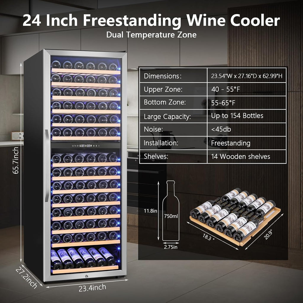Velivi 24' Wide Dual-Zone Wine Fridge 154-Bottles, Tall Freestanding/Built-in Wine Cooler Refeigerator, Large Capacity Dual Zone Wine Cellar For Wine Collection, Low Noise and Fast Cooling