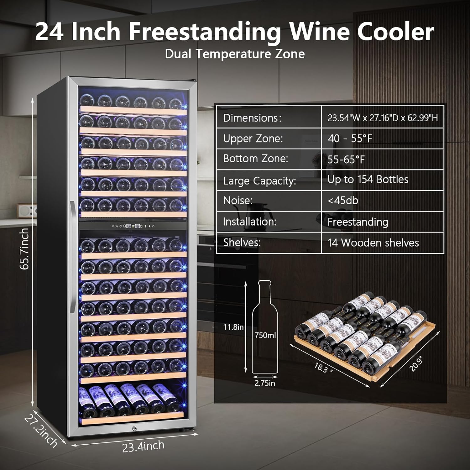 Velivi 24' Wide Dual-Zone Wine Fridge 154-Bottles, Tall Freestanding/Built-in Wine Cooler Refeigerator, Large Capacity Dual Zone Wine Cellar For Wine Collection, Low Noise and Fast Cooling