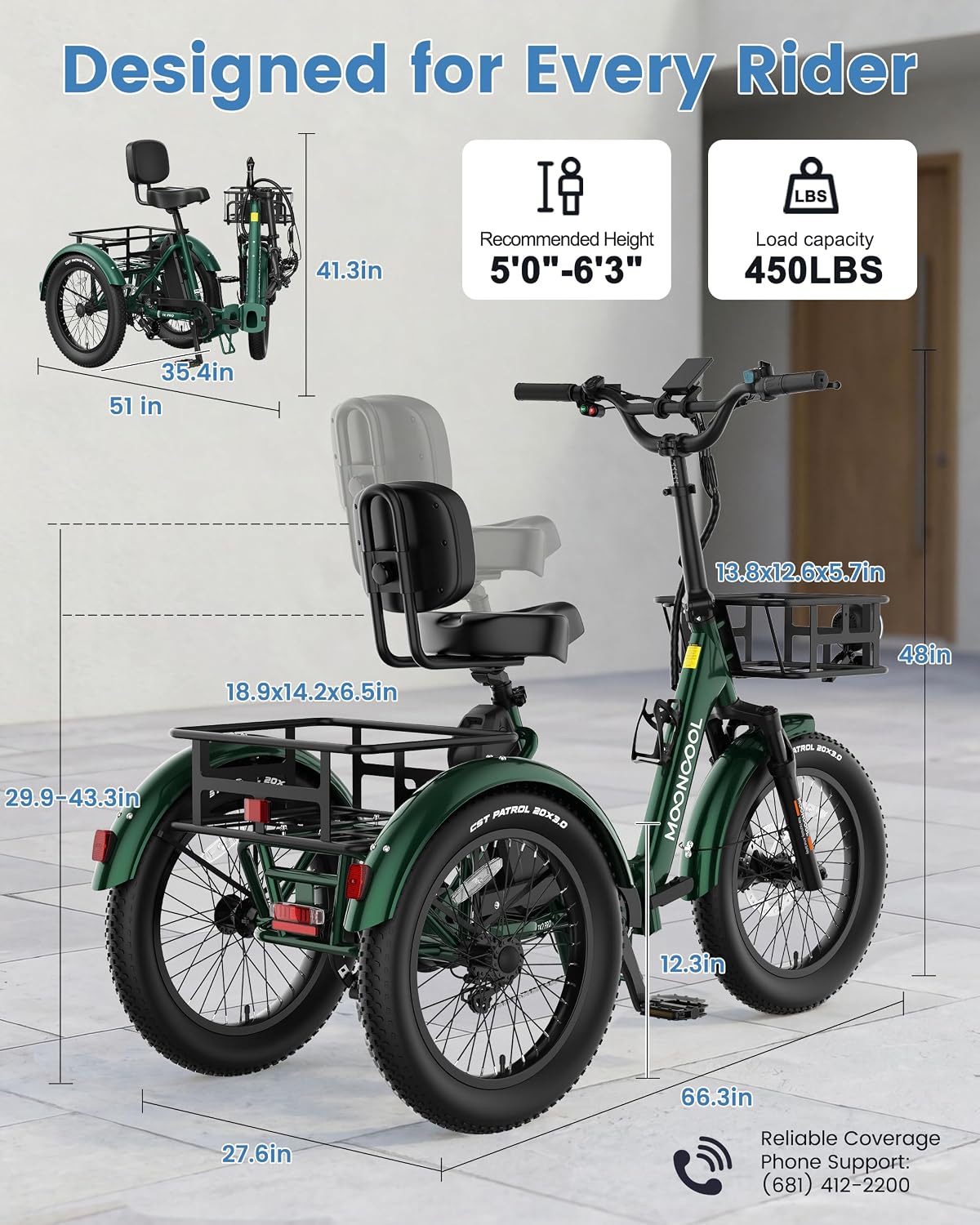 MOONCOOL Electric Trike for Adults, 500W/750W 48V Electric Tricycle for Adults, 20'x3.0' Fat Tire 3 Wheel Electric Bike, Folding Aluminum Adult Tricycle with Removable Battery