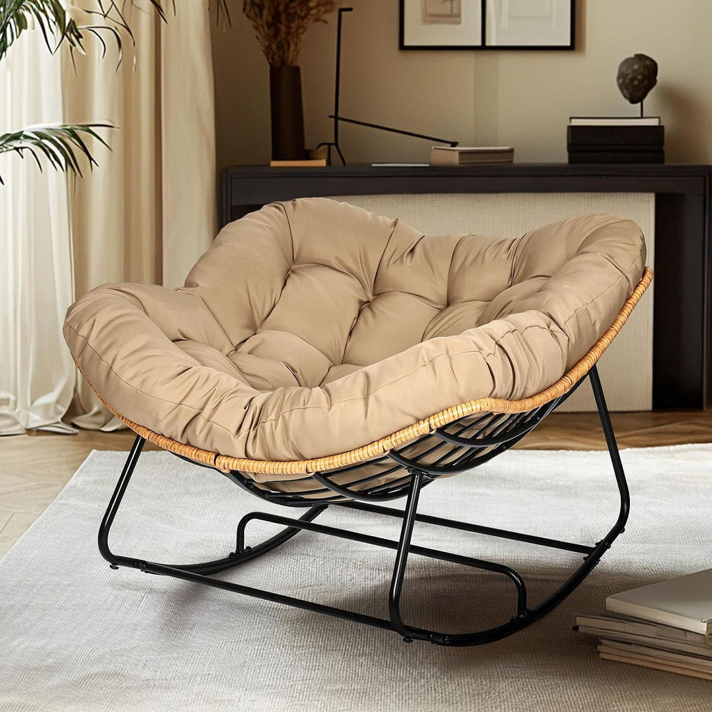 Papasan Chair, Outdoor Rocking Chair with Cushion, 450LB Heavy Duty Egg Chair, Indoor Outdoor Patio Rocking Chairs for Balcony, Porch, Living Room, Bedroom, Lawn, Garden (Coffee.)