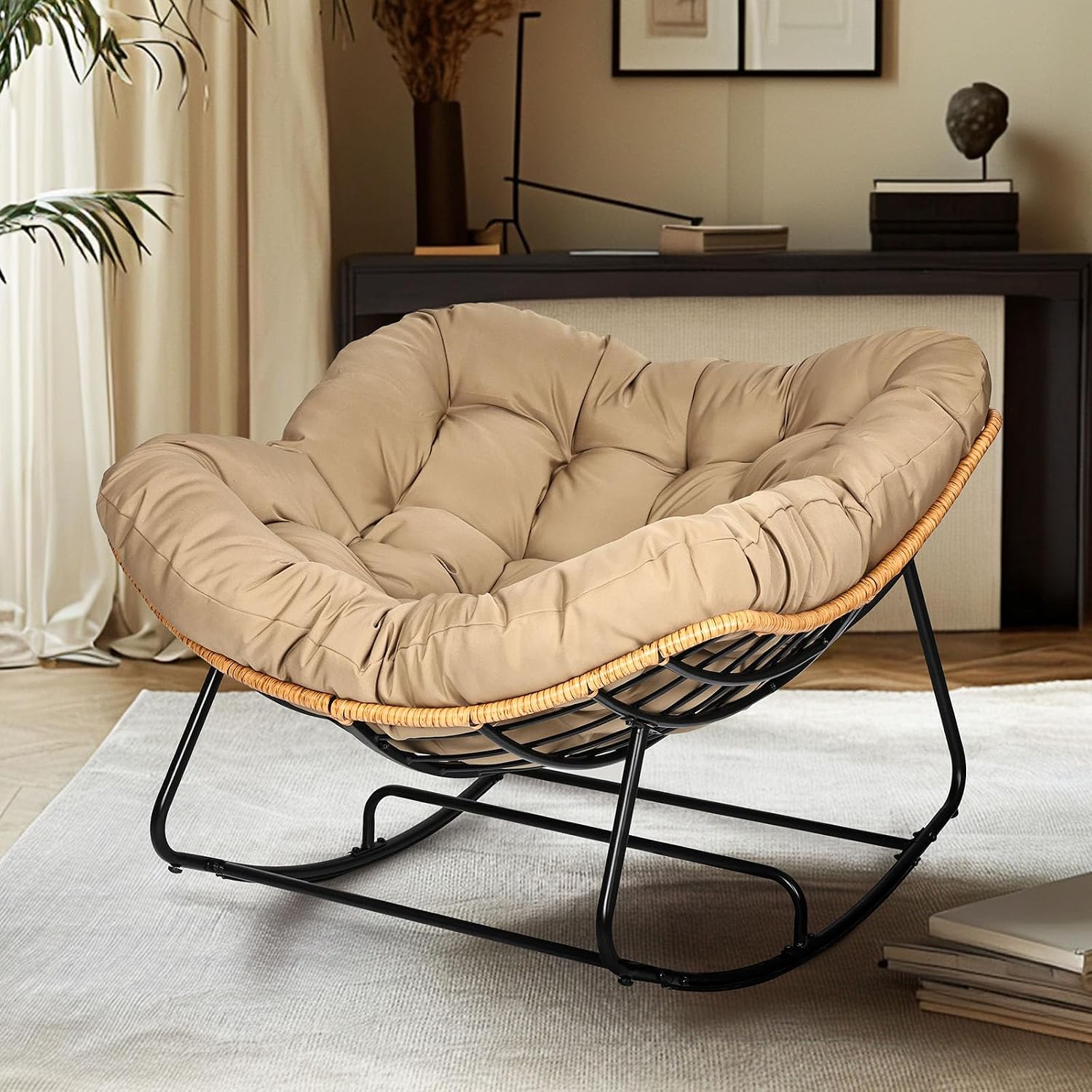 Papasan Chair, Outdoor Rocking Chair with Cushion, 450LB Heavy Duty Egg Chair, Indoor Outdoor Patio Rocking Chairs for Balcony, Porch, Living Room, Bedroom, Lawn, Garden (Coffee.)