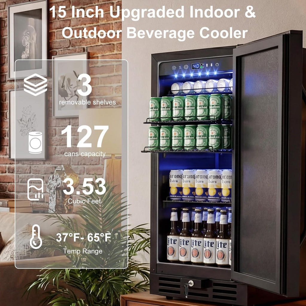 15 Inch Beverage Cooler, 127-Can Stainless Steel Drink Refrigerator with Reversible Door, Built-in or Freestanding Mini Fridge with Blue LED Light, Lock and Key for Indoor Outdoor Use, Black