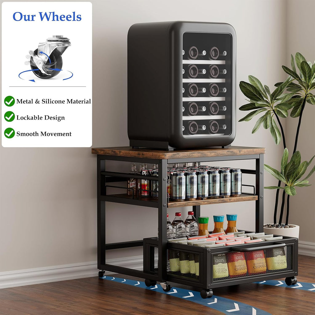 DDJ Mini Fridge Stand with Storage, 21 x 21 in Heavy Duty Mini Fridge Table with Pull-out Shelf and Lockable Wheels, Compact Refrigerator Stand with Drawer Basket for Home Office, Rustic Brown