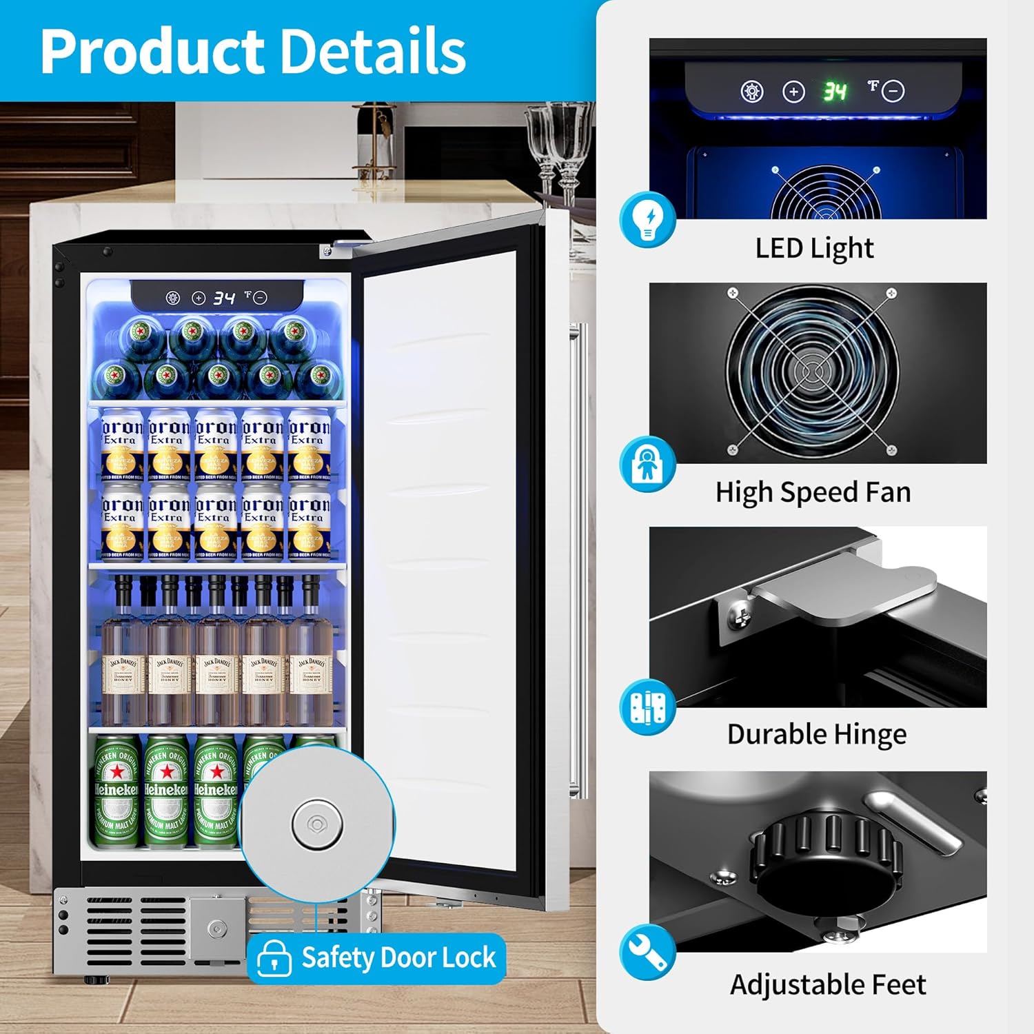 Feelfunn 15 Inch Undercounter Beverage Refrigerator - 126 Cans Beverage Fridge with Stainless Steel Door for Beer Wine Soda - Built-in or Freestanding Wine Cooler for Home Kitchen Bar