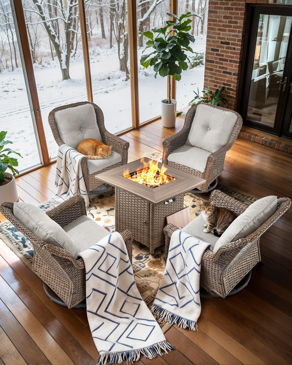 Patio Chairs Outdoor Swivel Glider - Set of 4 High Back Outside Brown Wicker Rattan Rocking Chair with Thick Cushion for Porch Apartment Deck Yard Poolside Garden - Beige