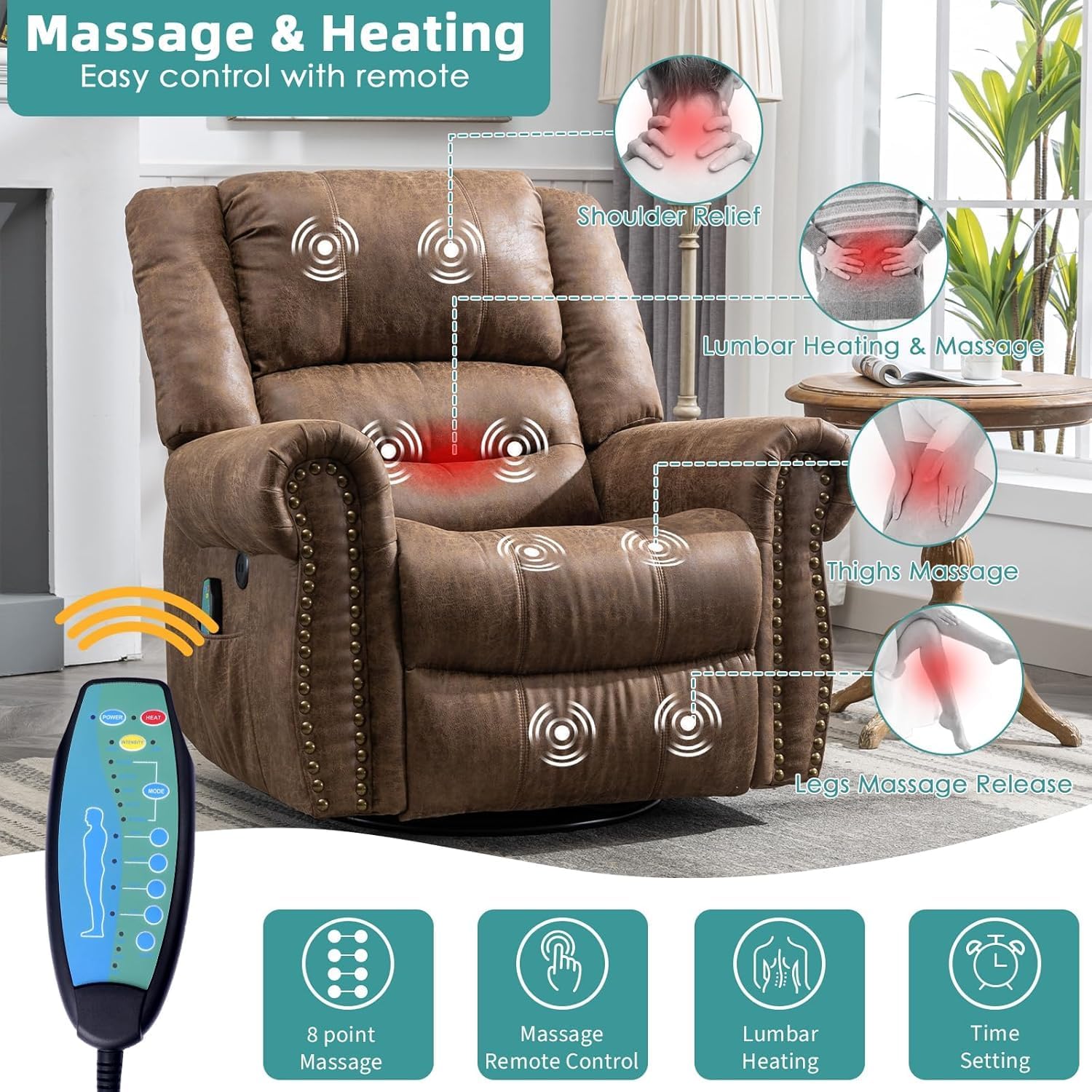 MEETWARM Oversized Swivel Rocker Recliner Chair with Heat and Massage, Manual Glider Rocking Recliner Chair, 360°Swivel Nursery Reclining Sofa with Remote Control/USB Ports for Living Room(Brown)