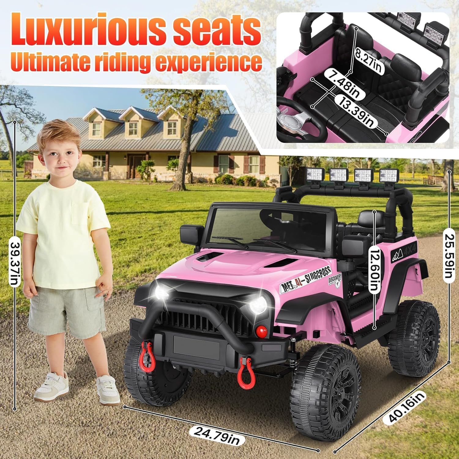 Hikole 24V Ride on Toys for Big Kids with Remote Control, 4X4 400W Battery Powered Truck with Bluetooth, Music, LED Lights, Shock Springs, Safety Belt, Power Wheels 24 Volt for Boys Girls 3-5, Pink