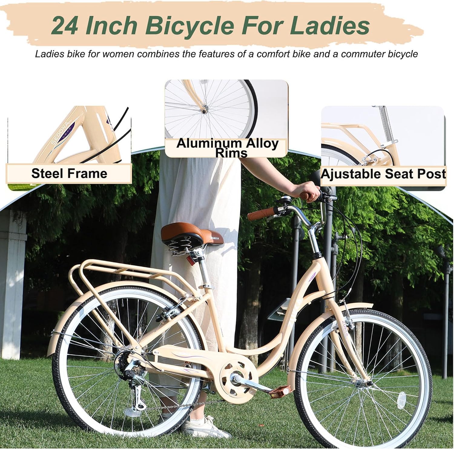 MEGHNA Beach Cruiser Bike Low Step - Through 24 inch/26 inch Bike Elegant Lady Bike V - Brake 7 Speed Cruiser Bike with Rear Rack Bell for Girls Women Senior, Multi-Colors