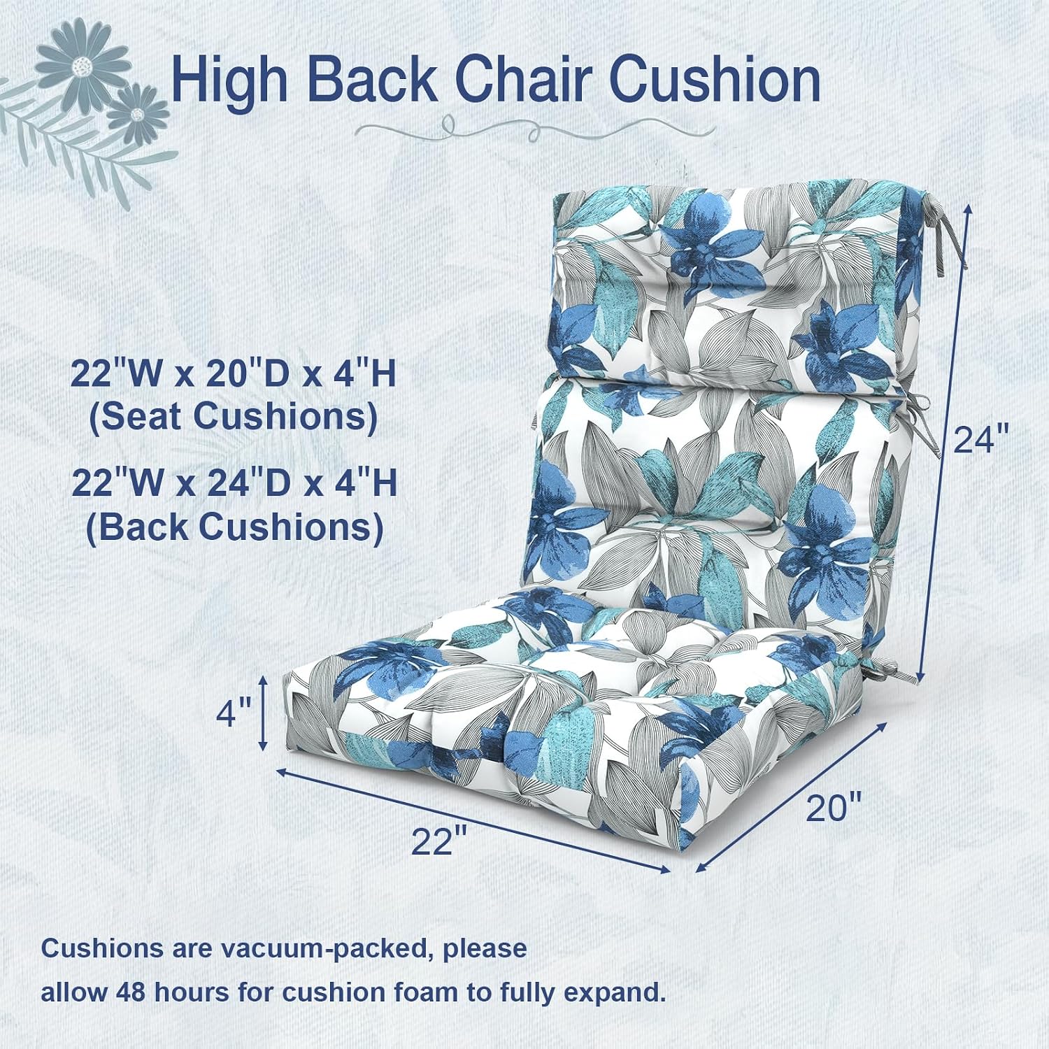 Outdoor High Back Rocking Chair Cushions, Non-Skid Slip Backed Chair Cushions, Chair Cushion for Patio Chairs, 44'x22'x4', Set of 2, Clemens Noir Blue