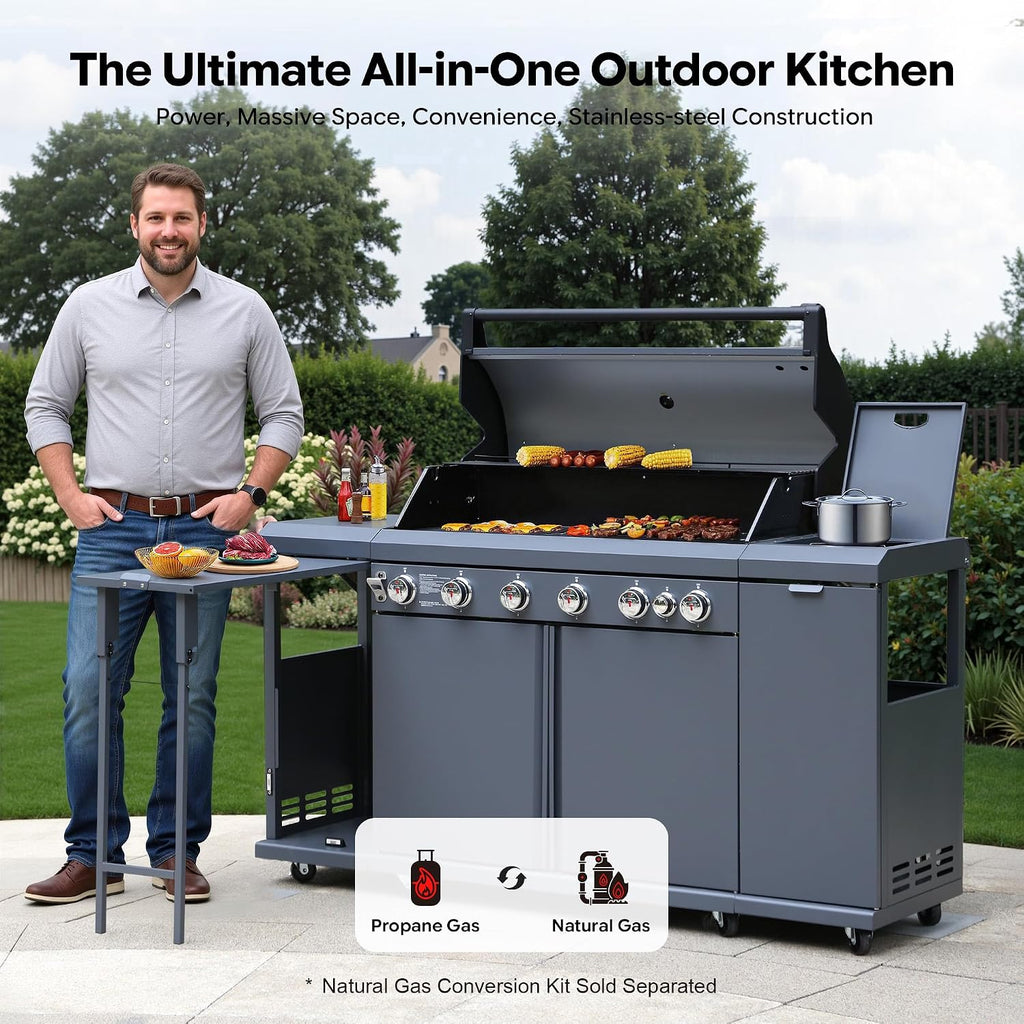 Brand-Man 6-Burner Gas Outdoor Kitchen Grill Island with Side Burner - 72,000 BTU Stainless Steel BBQ Grill Station with Storage Cabinets, Fold-out Prep Table, LPG/NG Convertible, Gray