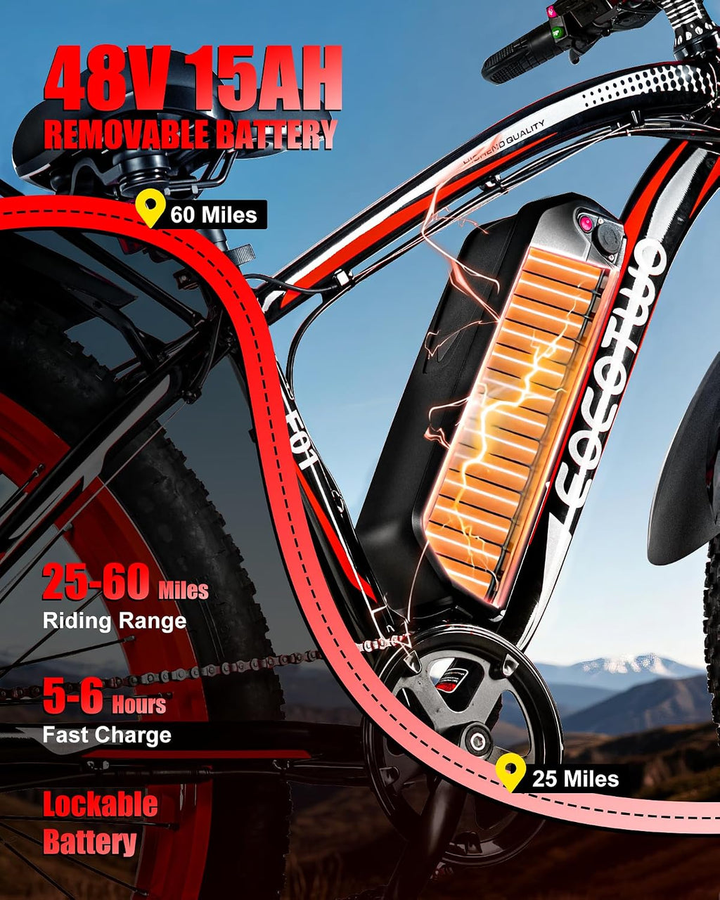 Electric Bike, 1500W Peak 30/33 MPH 26' Fat Tire Electric Bicycle, 60/70 Miles Snow Off-Road E Bike for Adults, Removable Battery, Dual Brake, 7 Speed