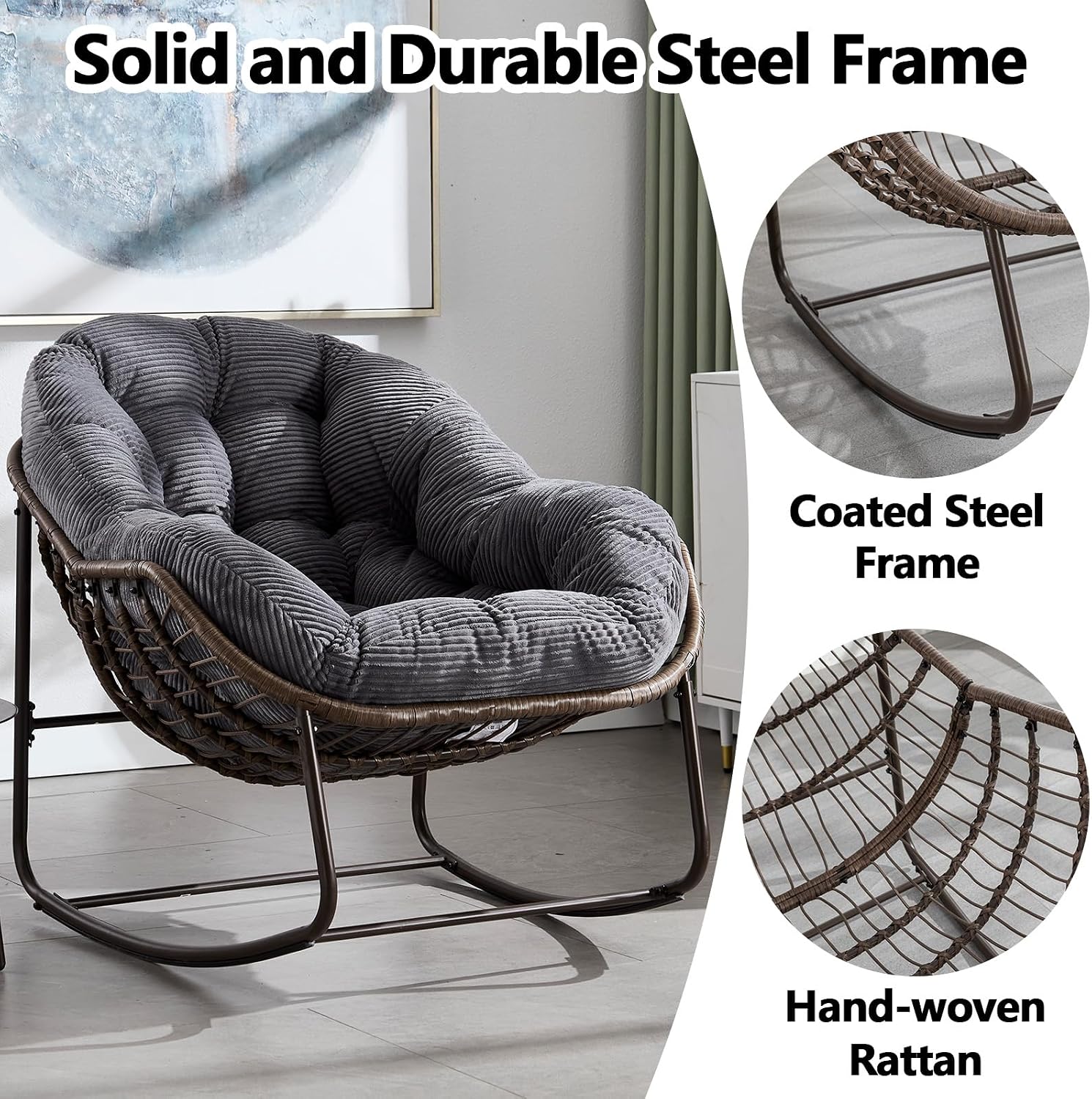 HRVEOCEI Papasan Rocking Chair with Cushion and Frame, Oversized Rocking Chair Indoor/Outdoor, Circle Chairs for Patio Garden Front Porch, Corduroy/Velvet (Grey-1)