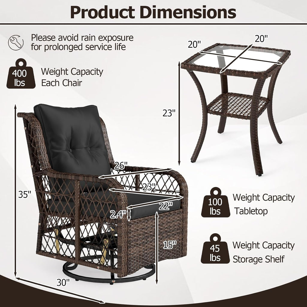 Tangkula 3 Pieces Outdoor Swivel Rocker Set, Rattan Wicker Patio Rocking Cushioned Chairs Set of 2 with Small Side Table, for Backyard, Poolside, Balcony, Lawn, Deck