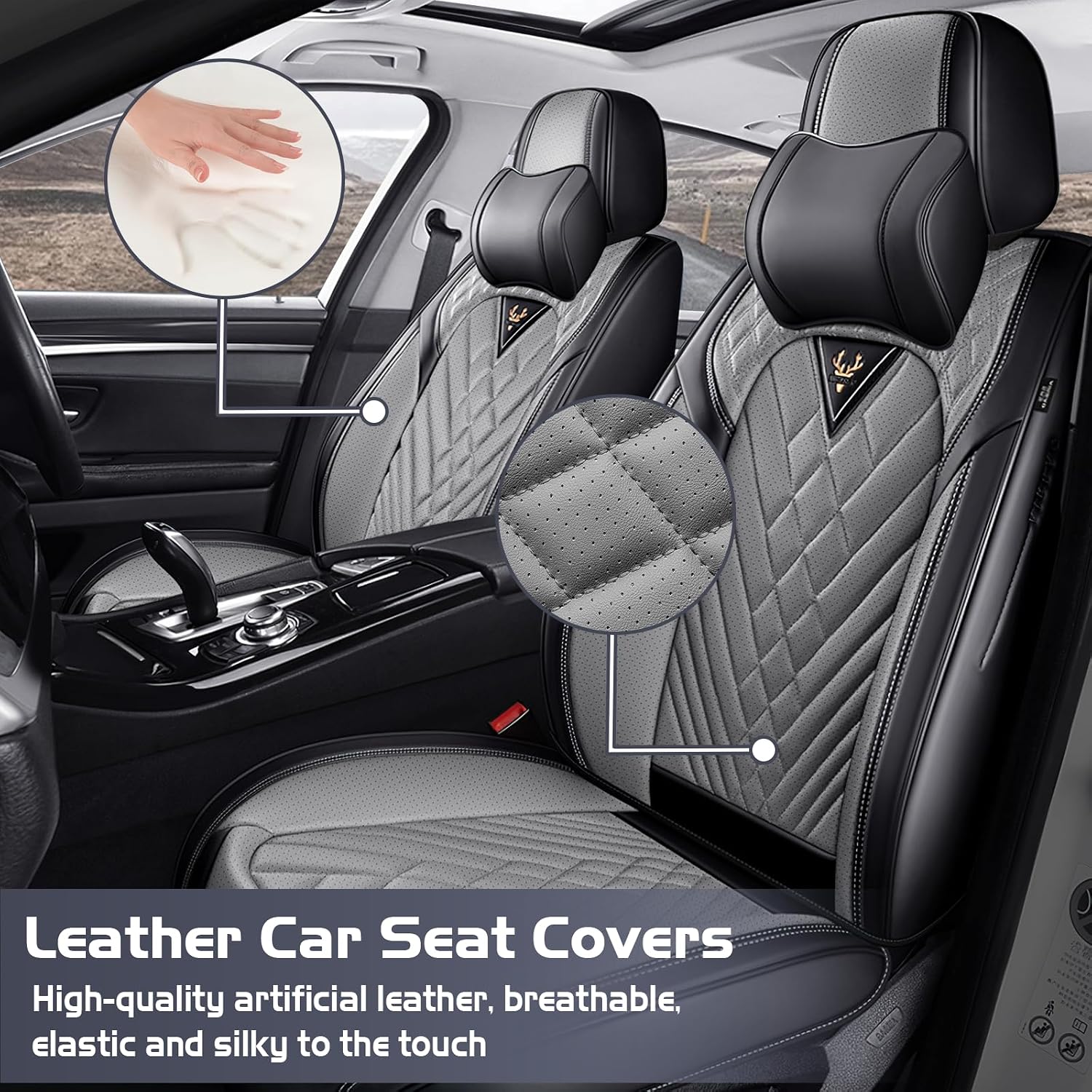 Car Seat Covers for Chevy Equinox 2005-2026, Waterproof Nappa Leather Full Set Seat Cover with Headrests, Anti-Slip and Comfortable Automotive Seat Protector&Accessories(Black Gray)