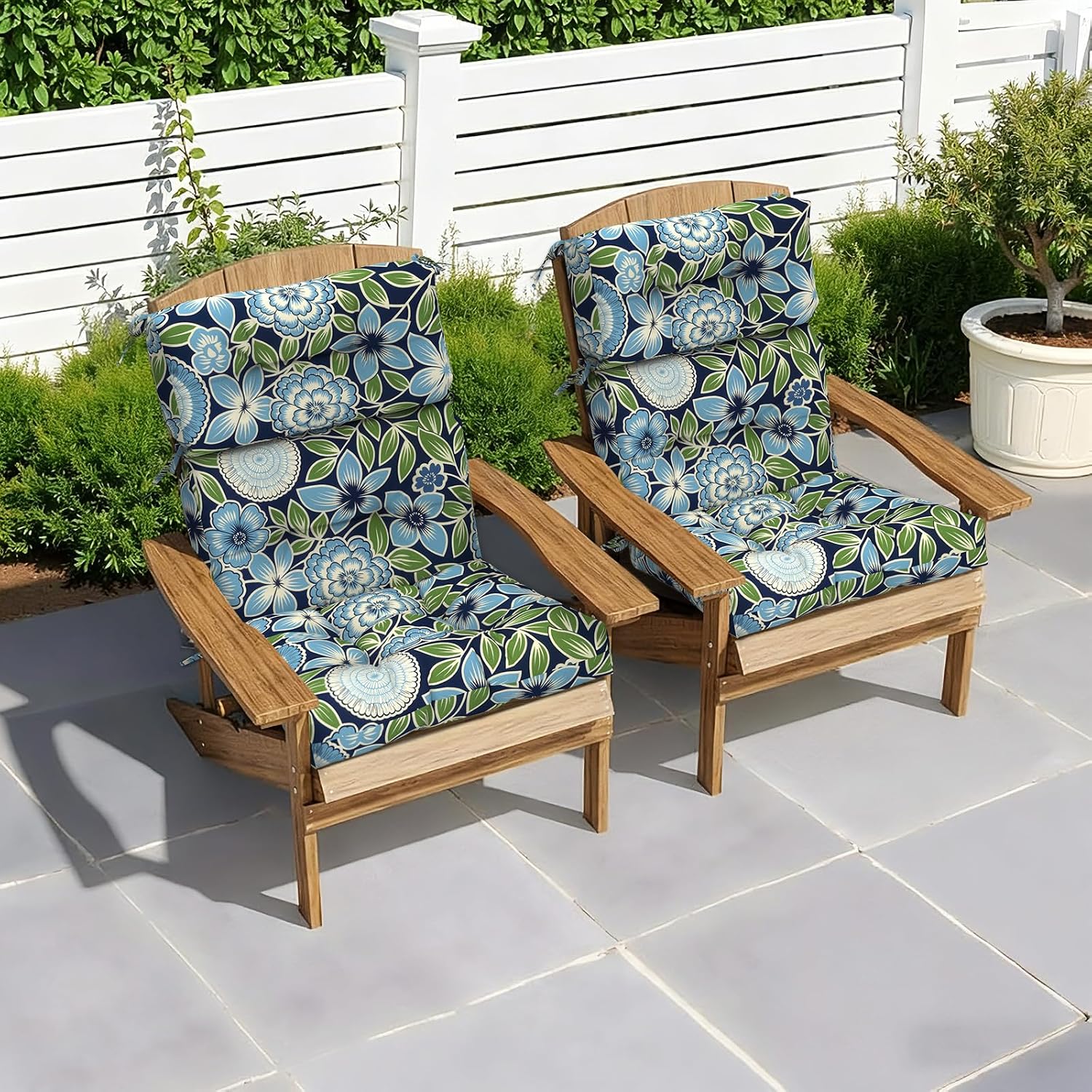 LVTXIII Outdoor Seat/Back Chair Cushion Patio Tufted High Back Cushion, Seasonal Replacement Rocking Chair Cushion with Ties, 22' W x 20D, Set of 2, Azure Botanical Symphony‌