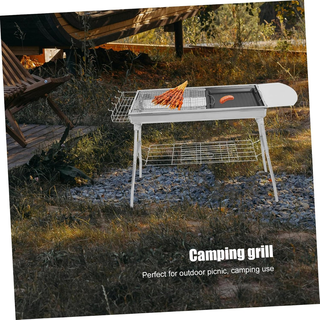 1set Portable Camping Bbq Grill Detachable Barbecue Rack Stainless Steel Construction Includes Frying Pan Fish Net Clip for Outdoor Cooking and Grilling