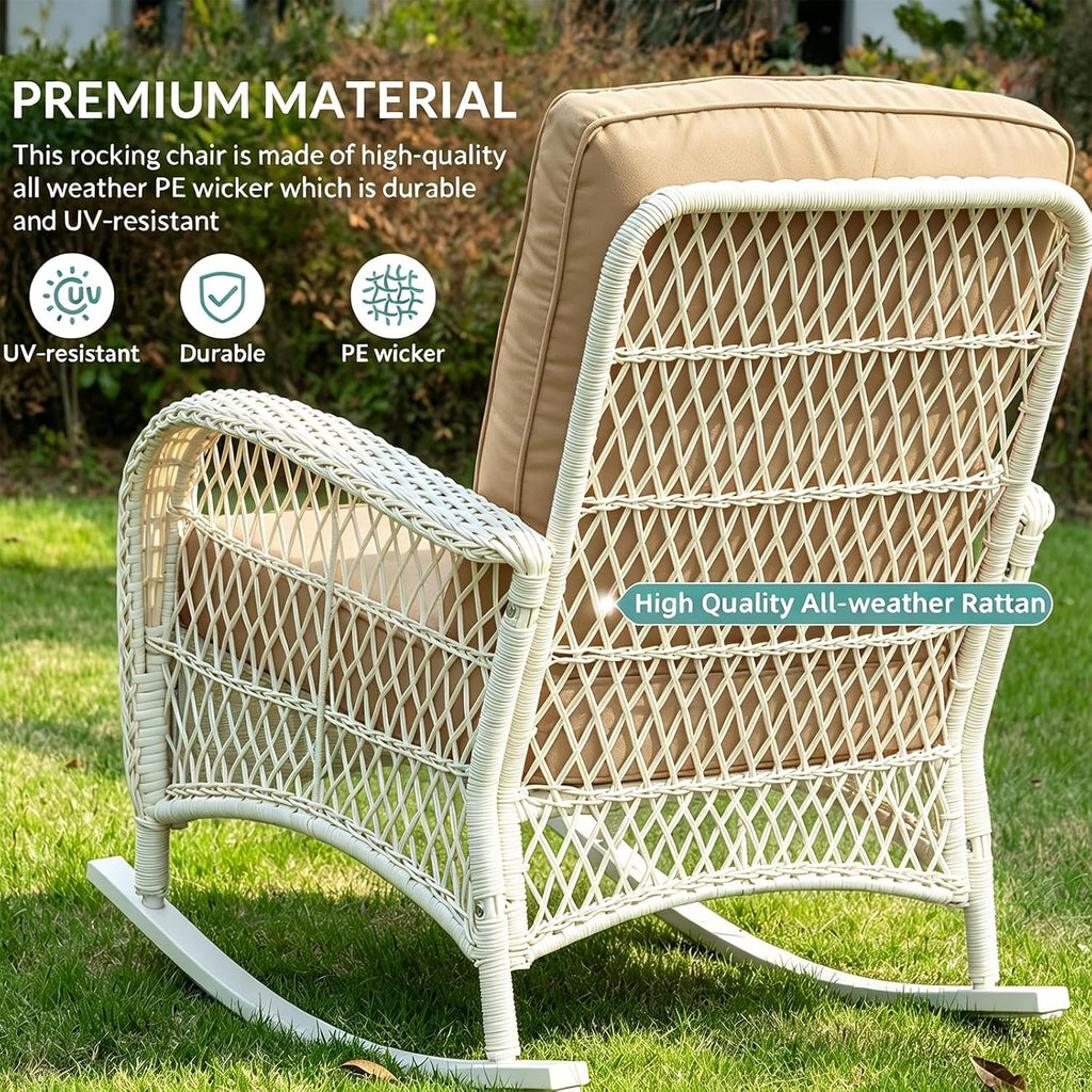 MEETWARM Outdoor Wicker Rocking Chair, Rattan Patio Rocker Chairs with Cushions and High Back, All-Weather Patio Wicker Chair with Safe Rocking Design for Garden Backyard Porch, Cream White/Beige