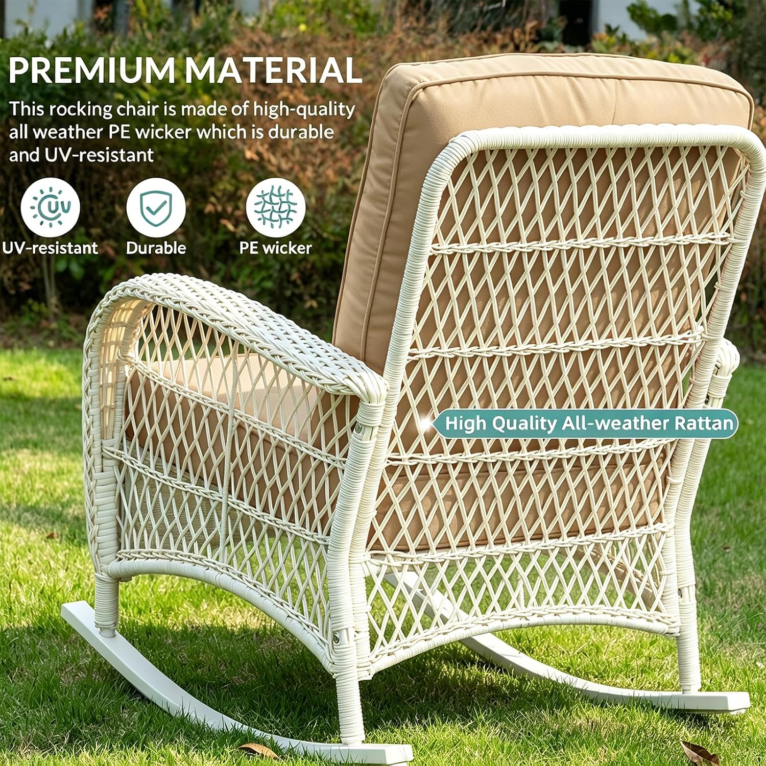 MEETWARM Outdoor Wicker Rocking Chair, Rattan Patio Rocker Chairs with Cushions and High Back, All-Weather Patio Wicker Chair with Safe Rocking Design for Garden Backyard Porch, Cream White/Beige