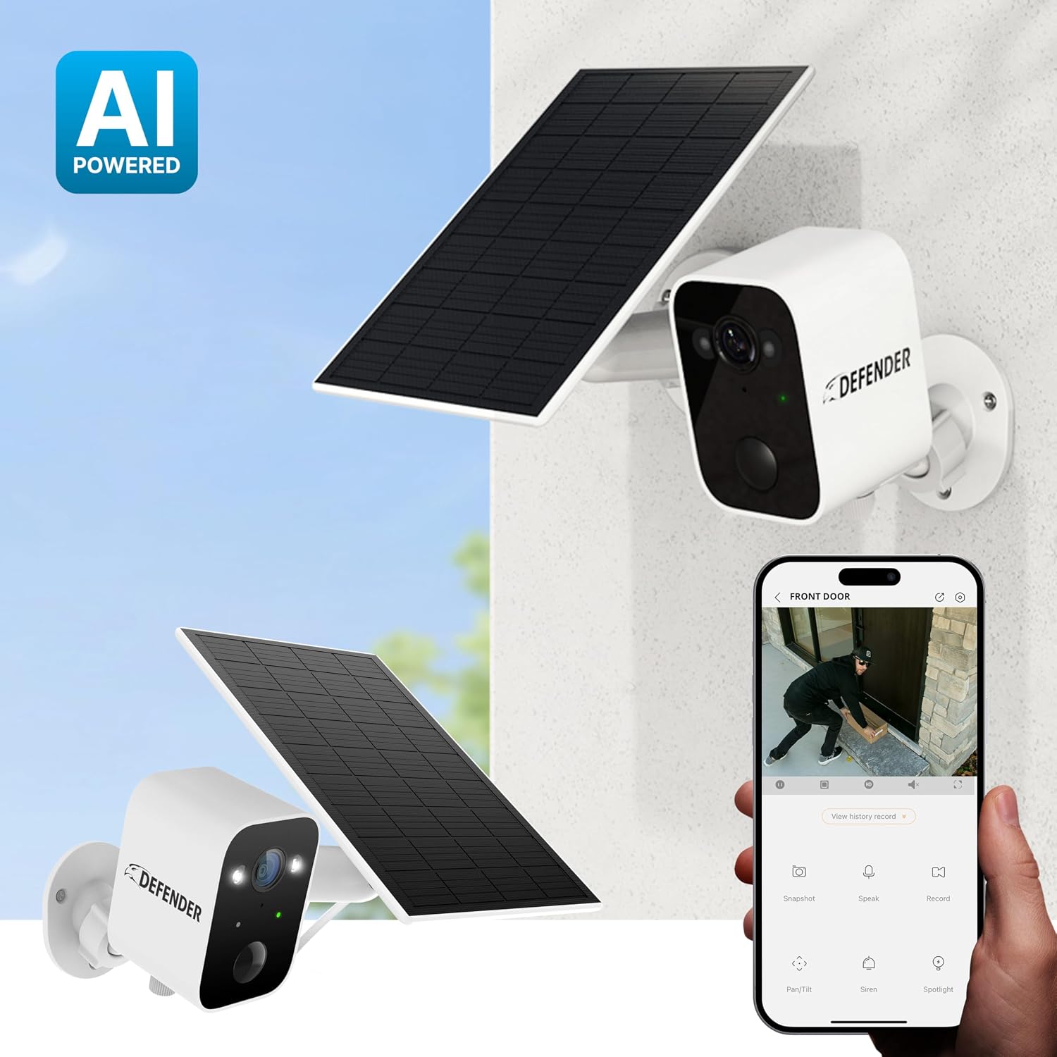 Defender Solar Powered 4K/8MP AI Everwatch Wireless Outdoor Security Camera, Battery Powered, AI Tracking, Color Night Vision, Spotlight/Siren, IP66 Rated, Two-Way Talk, Works w/Empower App