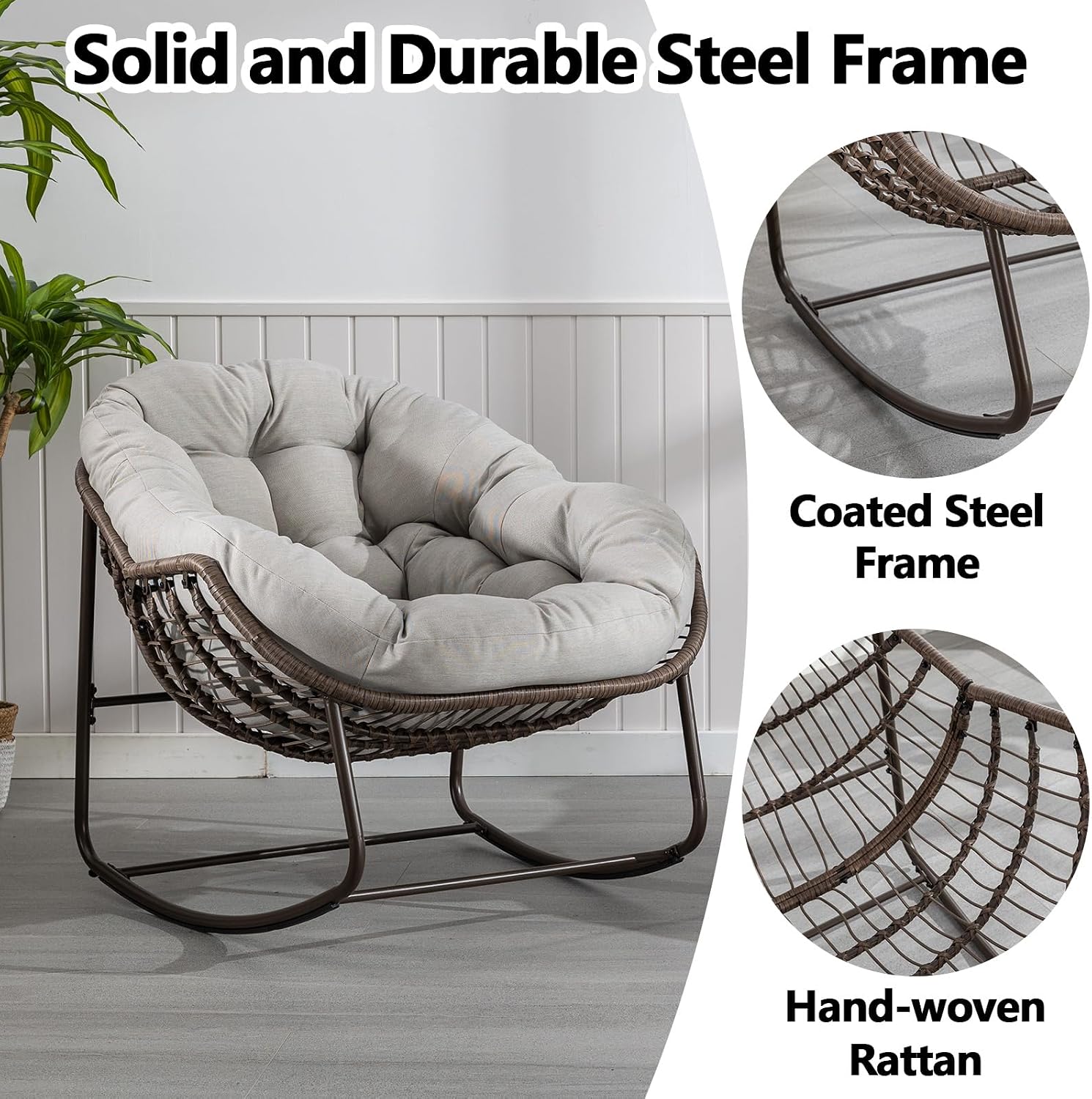 HRVEOCEI Papasan Rocking Chair with Cushion and Frame, Oversized Rocking Chair Indoor/Outdoor, Circle Chairs for Patio Garden Front Porch, Corduroy/Velvet (Beige)