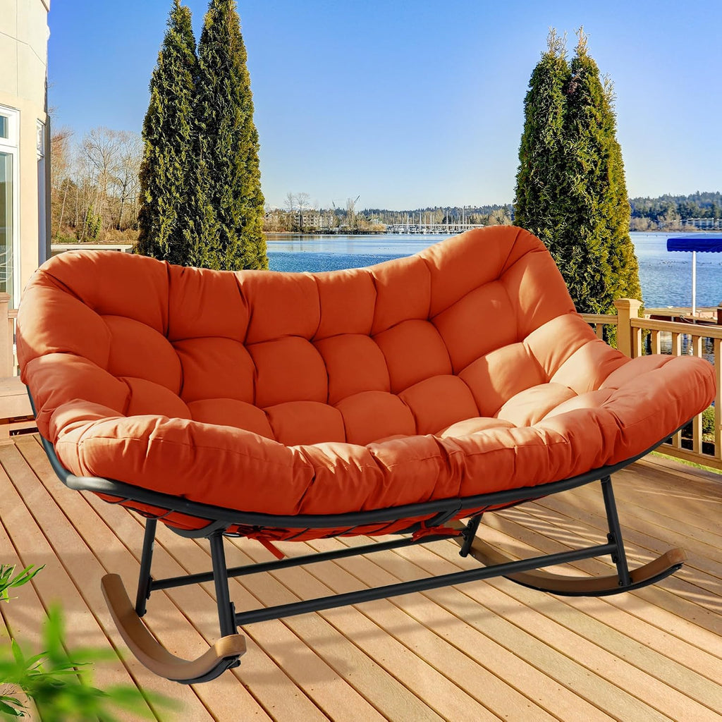 Double Papasan Rocking Chair Outdoor & Indoor, 660LBS Capacity Oversized Patio Rocking Chair for 2-Person with Thick Cushion and Frame,Egg Shaped Rocker for Garden, Deck, Living Room,Red