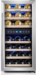Wine Fridge 15/16 Inch 33 Bottle Dual Zone Wine Cooler, 40-66℉ Freestanding Glass Door Wine Refrigerator with 7 Wooden Shelves, Blue LED Light for Red/White