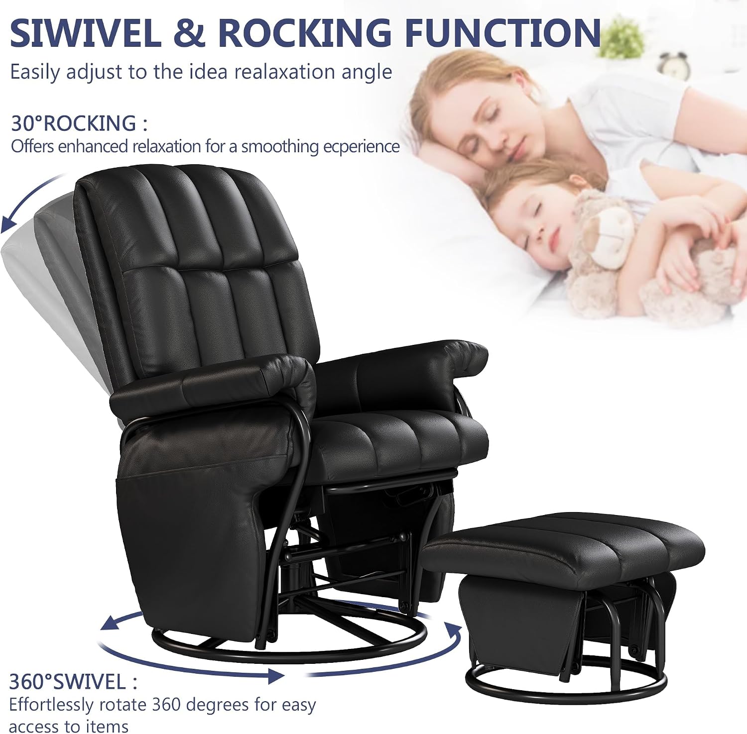 AODAILIHB 360° Swivel Glider Recliner with Ottoman, Nursing Glider Rocking Chair with Foot Rest & 2 Side Pockets for Nursery, Living Room, Bedroom, Office, Black