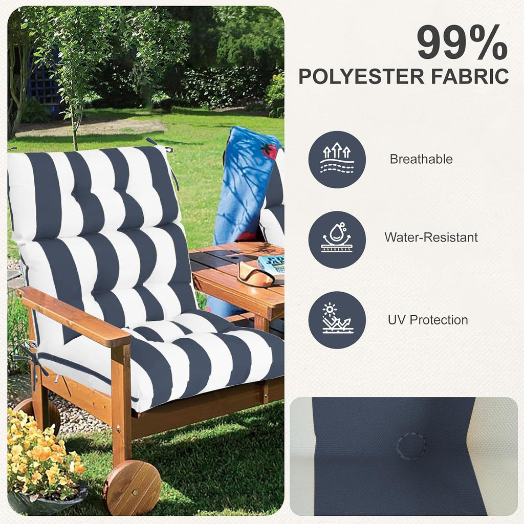Outdoor High Back Chair Cushions 2-Pack, 44'x22'x 4' Fade-Resistant Waterproof Tufted Pads with Ties for Patio Rocking & Adirondack Chairs (Navy Blue White)