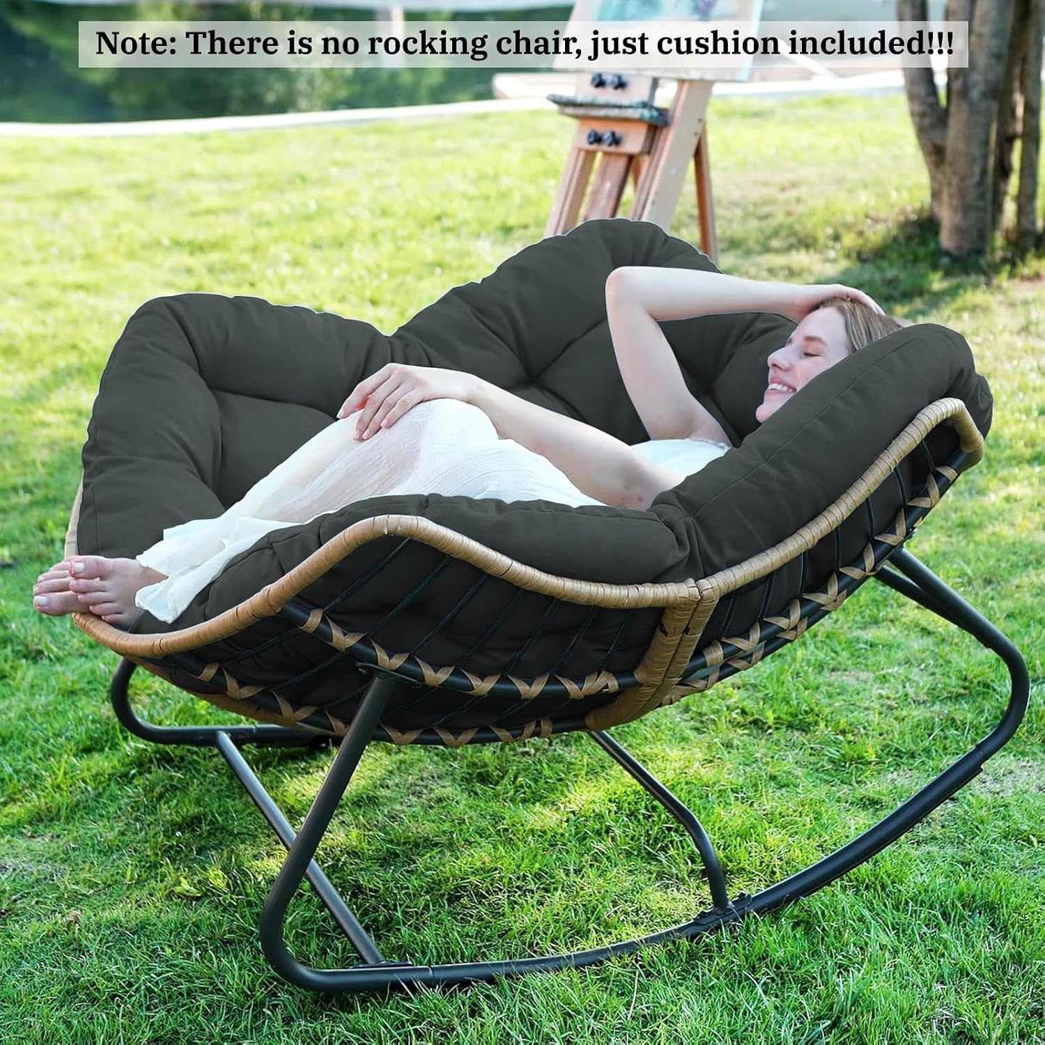 Outdoor Rocking Chair Cushions 6.3' Thick, Only Cushion, Waterproof, Fade-Resistant, Patio Egg Lounge Chair Cushion with 6 Straps, Indoor Papasan Chair Cushion (Dark Gray)