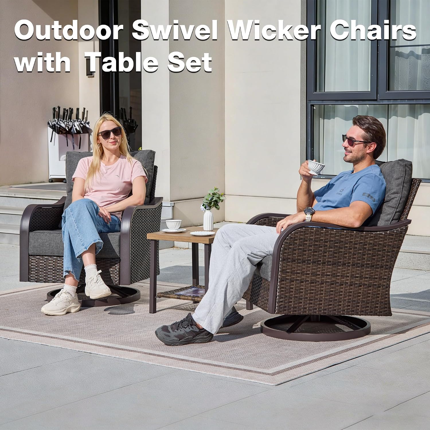 Outdoor Swivel Rocker Chairs, Wicker Swivel Rocking Chairs with 6'' Thick Cushions and Side Coffee Table, 3 Piece Patio Furniture Set for Balcony, Porch, Deck, Poolside, Grey