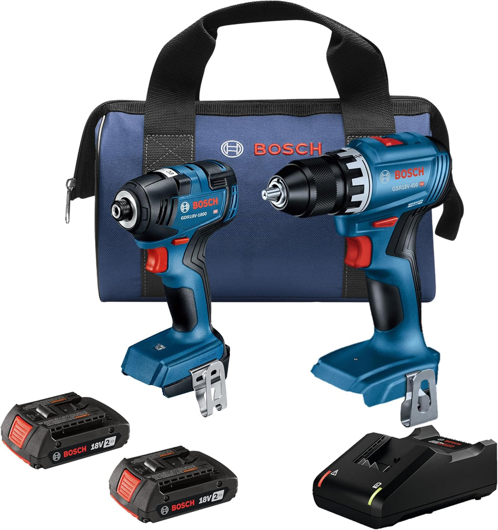 BOSCH GXL18V-27B22 Power Tool Combo Kit - 18V Brushless Compact 1/2 In. Cordless Drill Driver and 1/4 In. Hex Impact Driver (Includes: Two 2.0Ah Batteries, 18V Charger, and Carrying Tool Bag)
