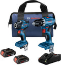 BOSCH GXL18V-27B22 Power Tool Combo Kit - 18V Brushless Compact 1/2 In. Cordless Drill Driver and 1/4 In. Hex Impact Driver (Includes: Two 2.0Ah Batteries, 18V Charger, and Carrying Tool Bag)