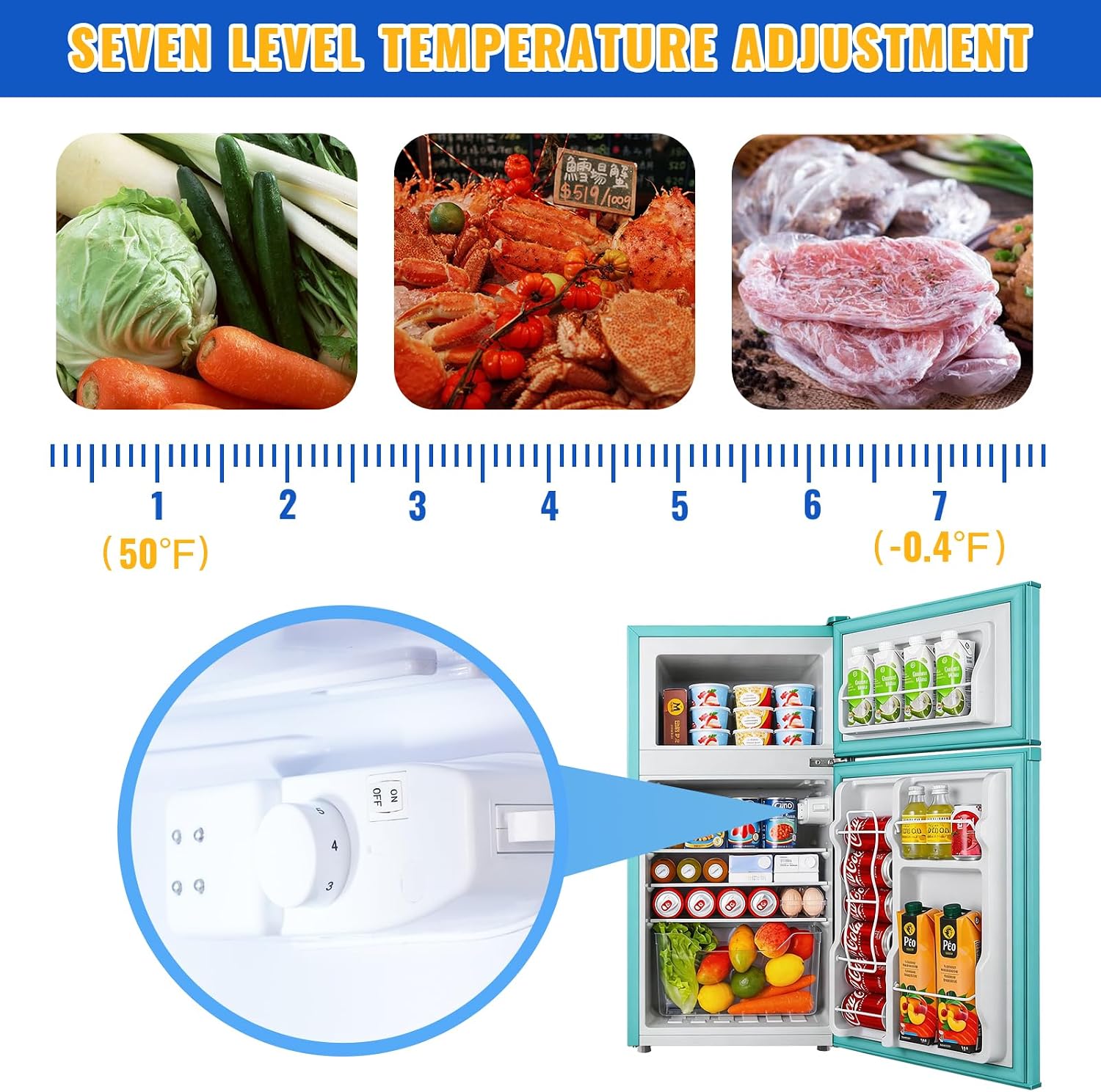 WANAI 3.5 Cu.Ft Mini Fridge With Freezer Compact Refrigerator with Freezer,7 Level Adjustable Thermostat Removable Shelves Small Refrigerator for Office Dorm Apartment Blue