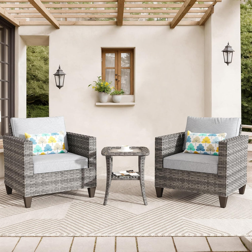 ovios 3 Pieces Patio Chair Set with Side Table, Outdoor Wicker Chairs of 2 with Comfy Cushions, High Back Rattan Armchairs Bistro Set for Porch Deck Garden, Grey