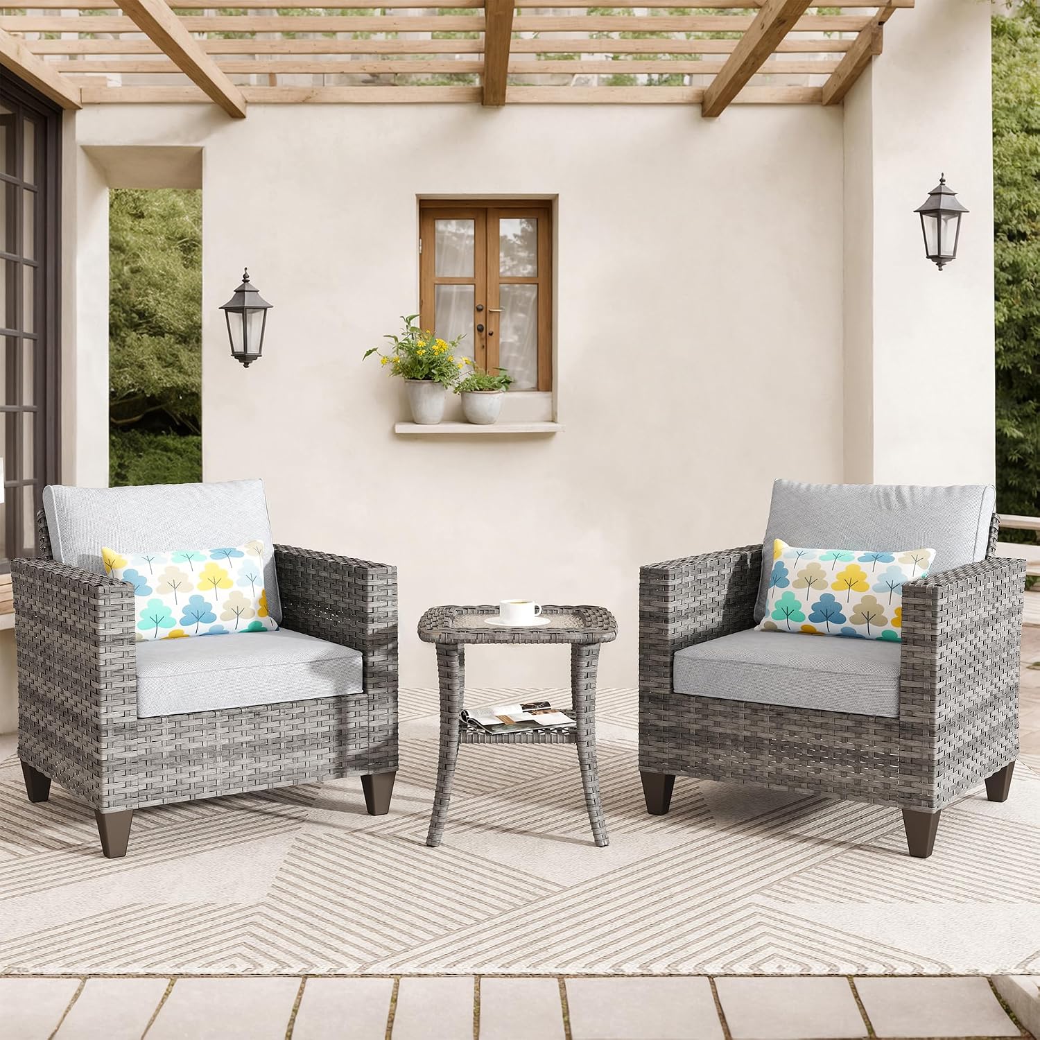 ovios 3 Pieces Patio Chair Set with Side Table, Outdoor Wicker Chairs of 2 with Comfy Cushions, High Back Rattan Armchairs Bistro Set for Porch Deck Garden, Grey