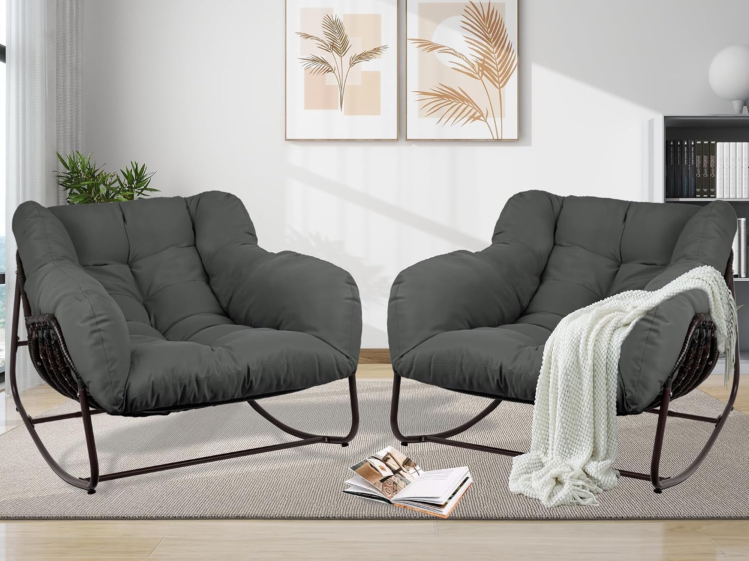 Outdoor Papasan Rocking Chair, Oversized Patio Rocking Chairs with Padded Cushion& Pillow-Comfortable Rocker Egg Chair for Front Porch, Garden, Patio, Backyard,2PC,Grey