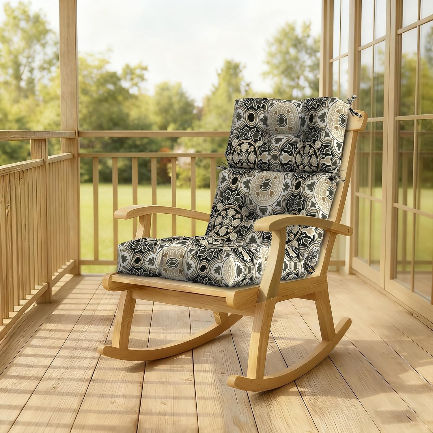 DYTXIII Outdoor High Back Chair Cushions Set of 2, Water Repellent Tufted Rocking Seat Cushions Replacement 44 x 22 Inch, Seat & Back Chair Pads for Patio, Balcony and Indoor Use -Vintage Medallion