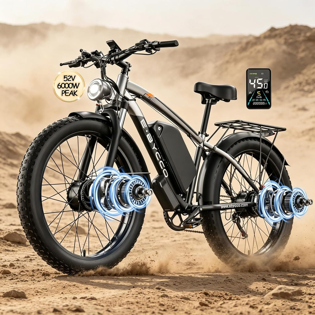6000W Peak Dual Motor Electric Bike for Adults, 24' Fat Tire Ebikes 52V 32AH, Fast 45 MPH, 100 Miles Long Range, Hydraulic Brake, Pedal Assist Electric Bicycle for Off-Road Mountain Snow Commuter