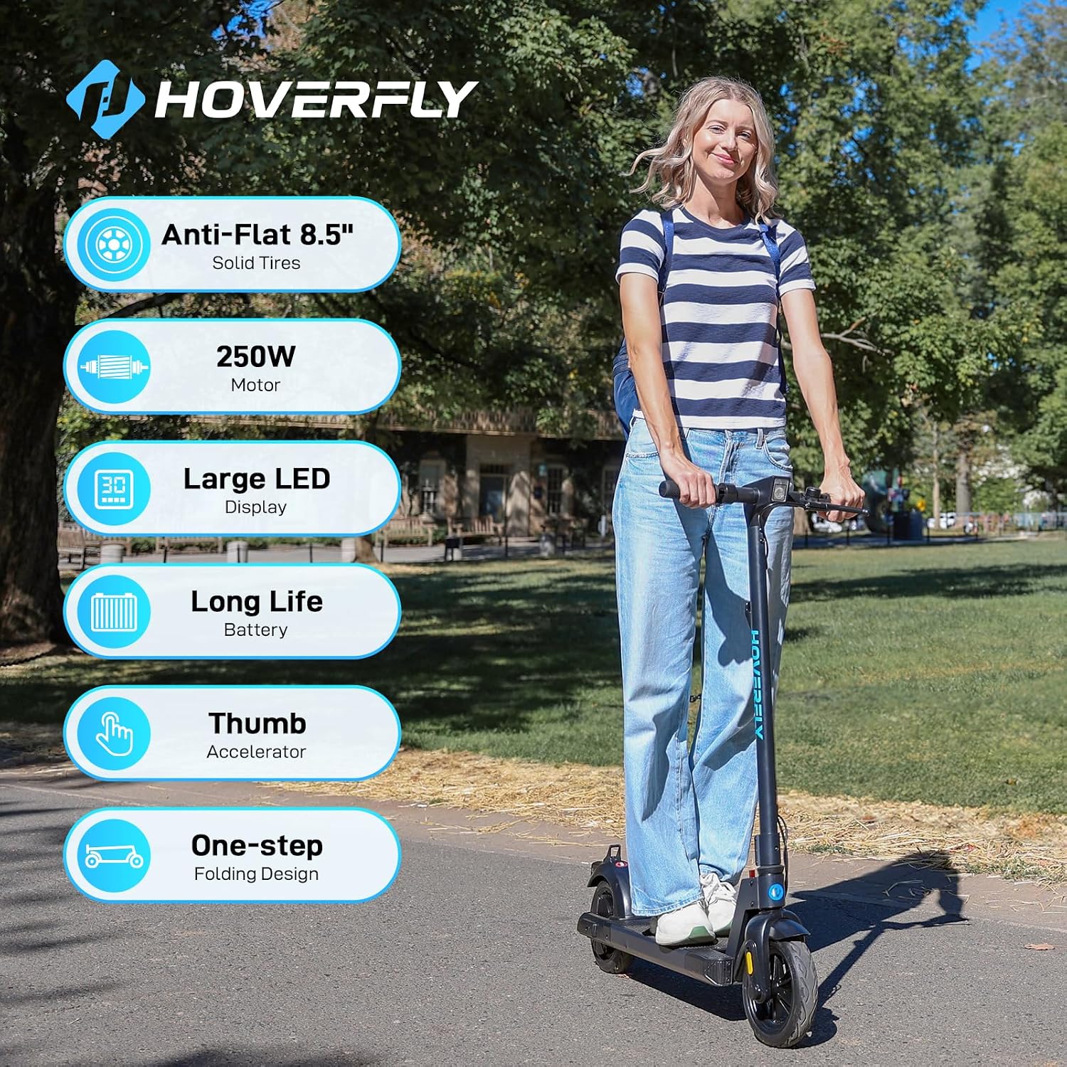 HOVERFLY X1/X3/X5 Electric Scooter for Adults, Anti Flat 8.5'/10'' Solid Tire, Max 10/18/25 Miles Range and 15.5/20Mph Speed Power by 250W/500W Motor, Foldable Commuting E Scooter with EABS&Disc Brake