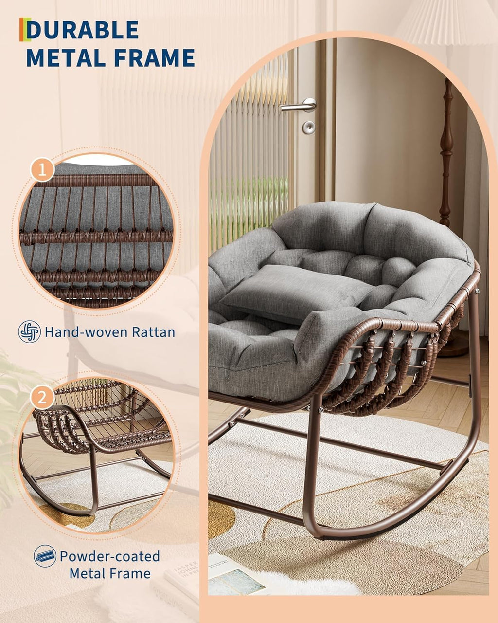 DEXSO Oversized Outdoor Papasan Rocking Chair - Metal Frame, Cushion & Wicker Rattan, for Balcony, Backyard, Porch, Bedroom (Grey)
