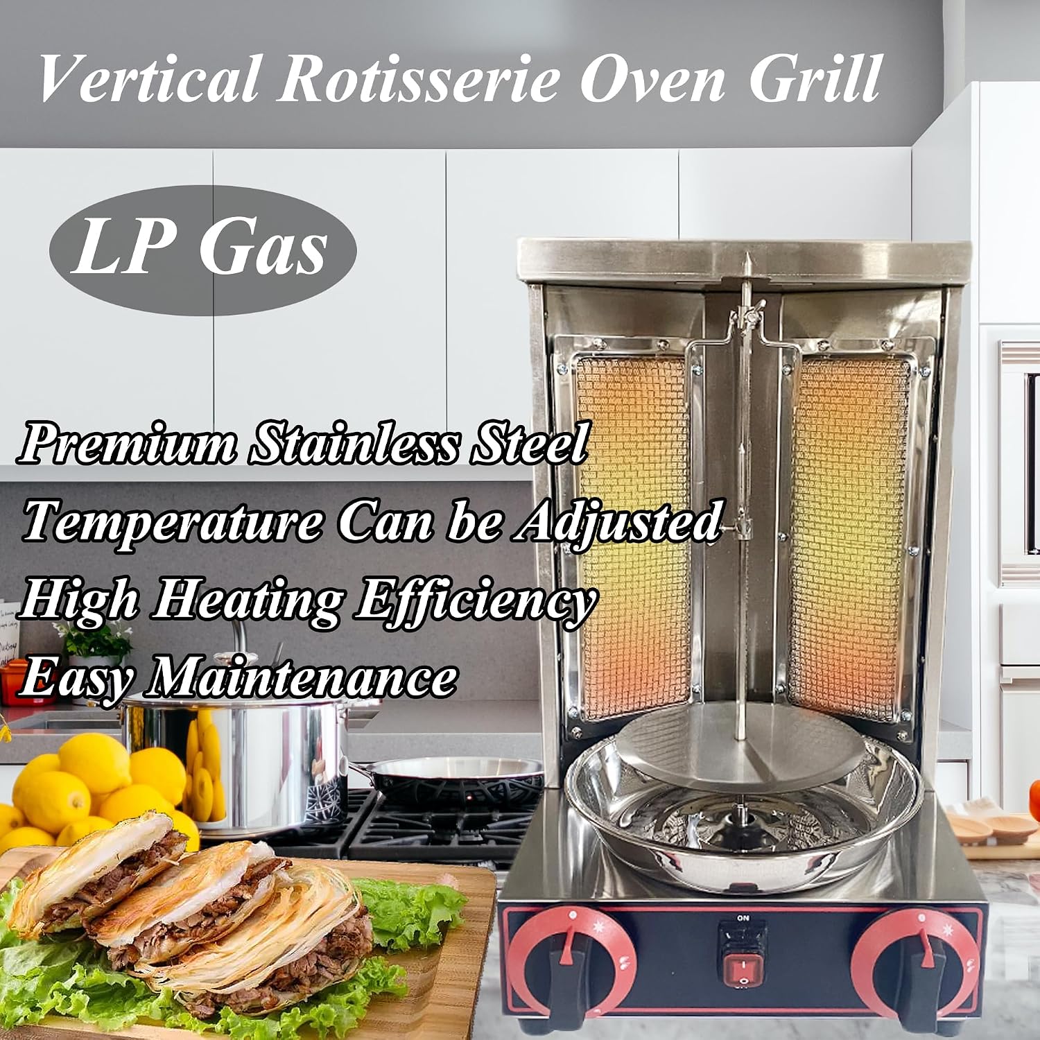 Gas Grill Machine Vertical Kebab Gyro Griller Stainless Steel Grill Rotating Oven with 2pcs Burners Temperature Controllable 110V Meat Roasting Machine for Commercial and Home Use