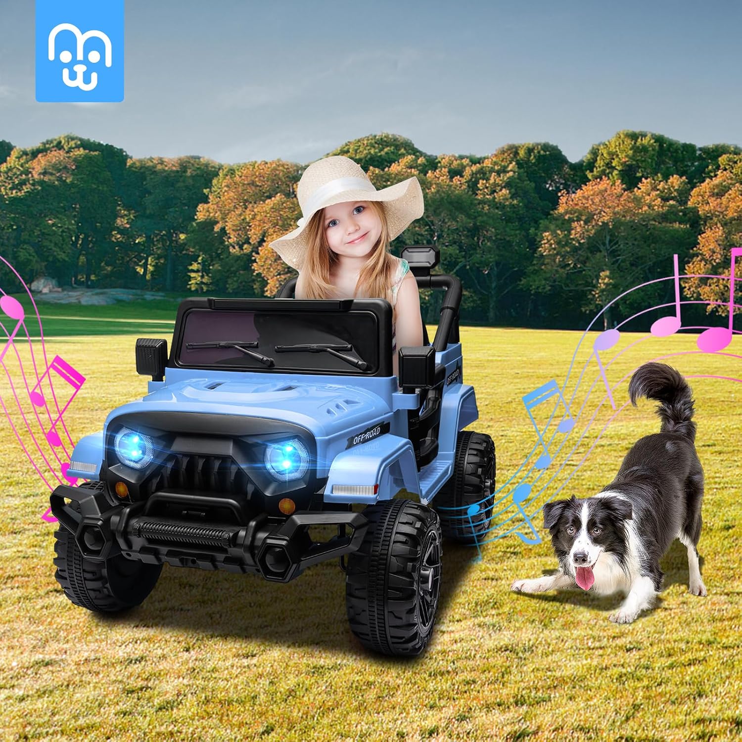 MINIATURE MOTORS 12V Kids Electric Ride on Truck Car Remote Control, Twin 35W Motors 3.5MPH Max Speed, Bluetooth Music Player, 4 Wheels Suspension LED Lights Safety Belt, Gift for Boys & Girls-Blue