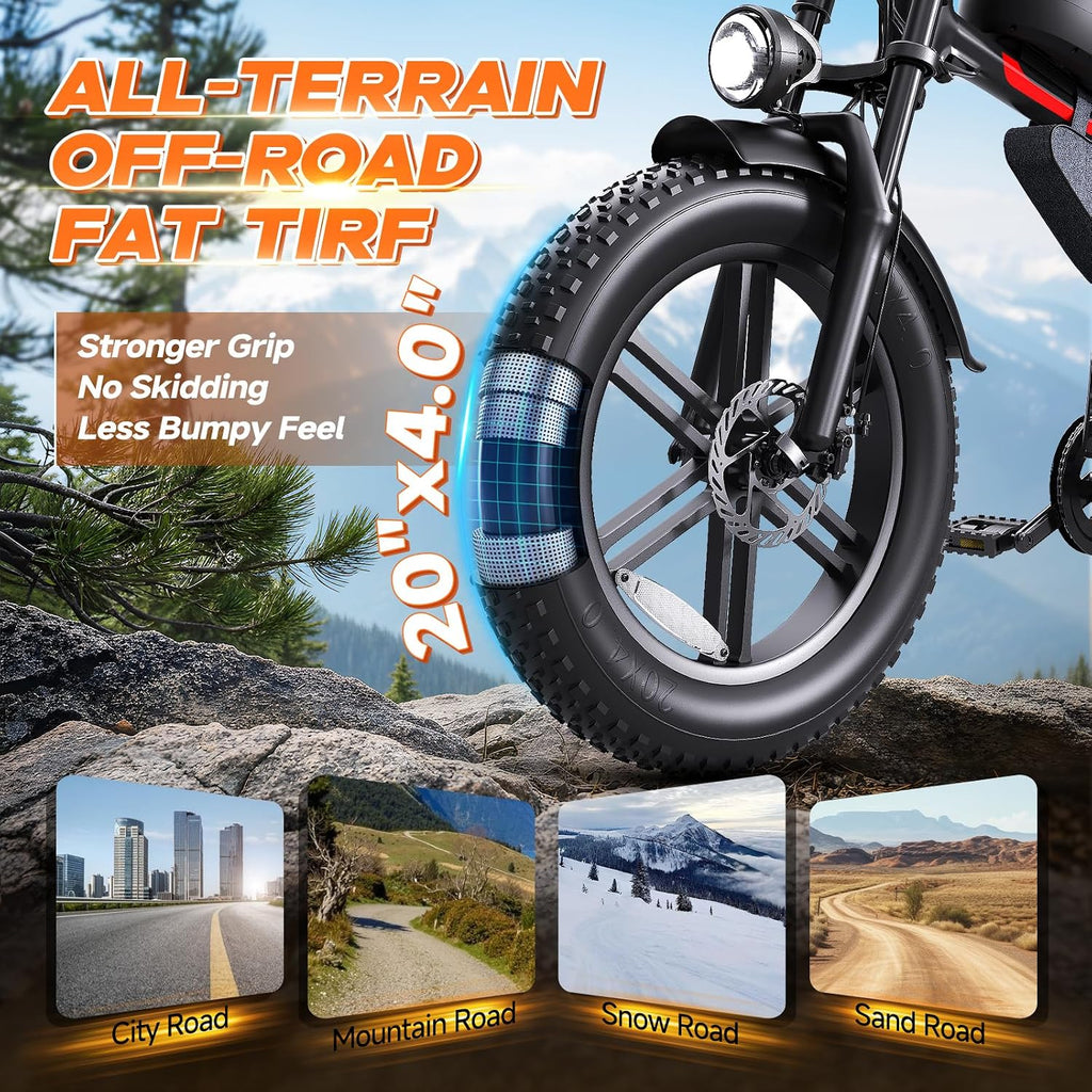 QNUT Electric Bike for Adults - 1500W Peak Motor 28MPH Speed, 48V 18Ah Battery, 60-90 Miles Range, 7-Speed Transmission, 20'x4.0' Retro Motorcycle Design for City & Trail Riding