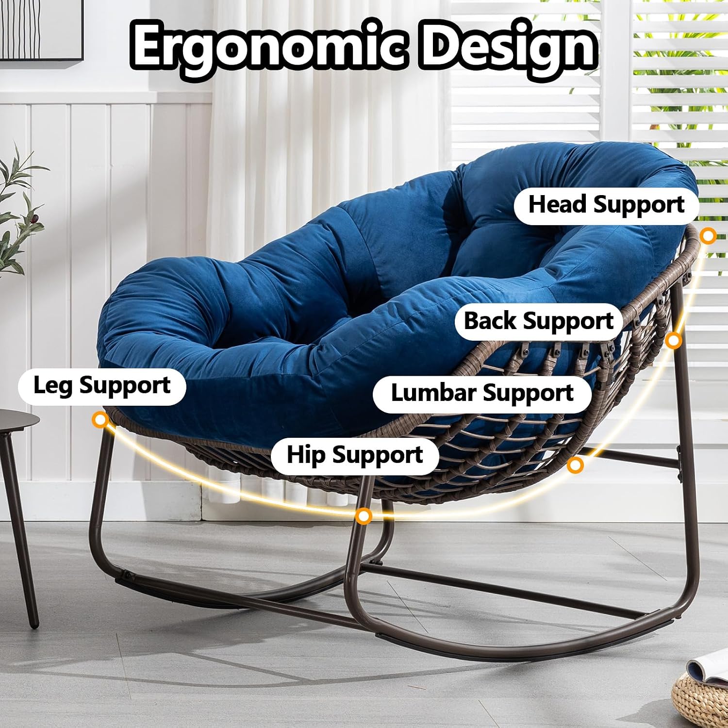 37' Papasan Rocking Chair with Cushion and Steel Frame, Oversized Outdoor Egg Rocking Chair, Rattan Circle Chairs for Grand Patio and Garden (Navy Blue)